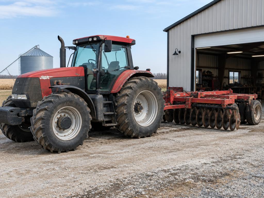 Farm tractor and agricultural implement beside a working farm shop