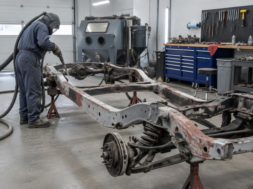 Classic vehicle chassis being media blasted in a restoration shop