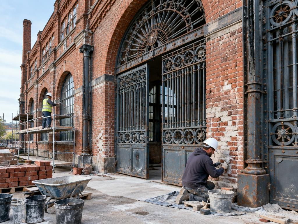 Historic brick facade and ornamental iron undergoing careful restoration