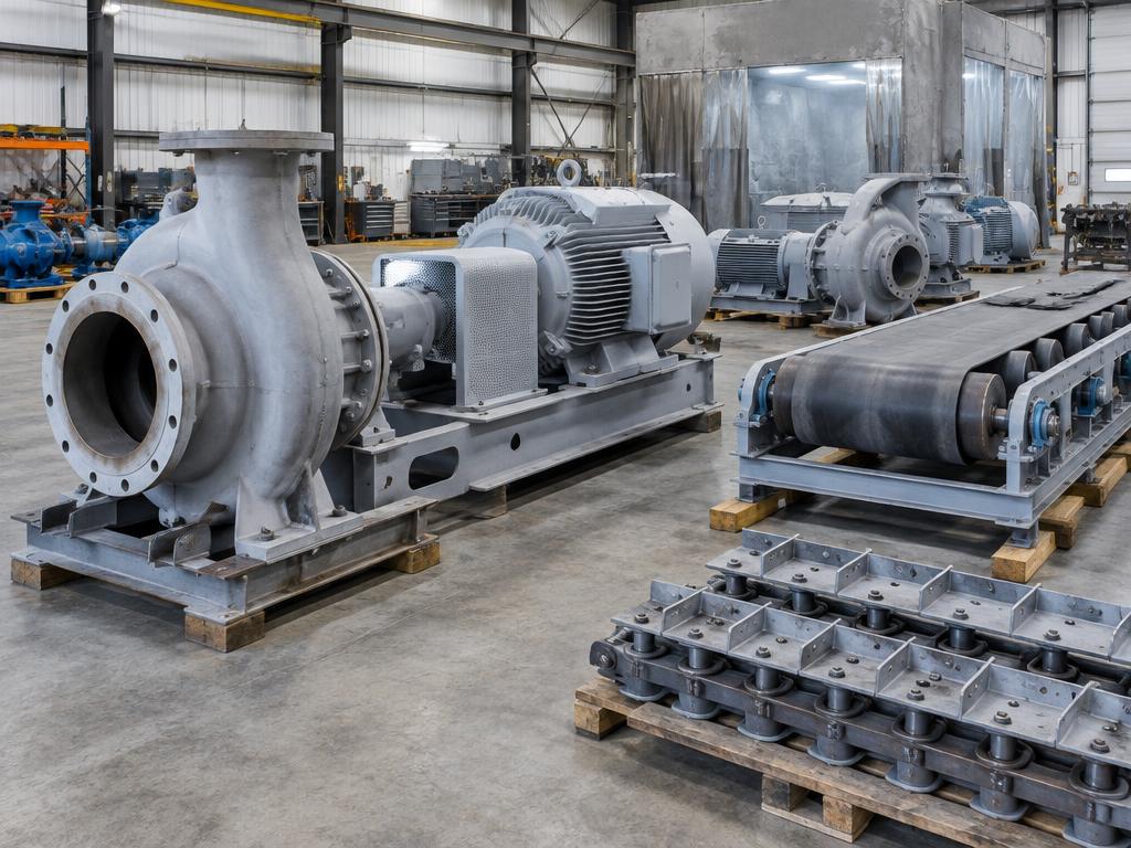 Industrial pumps motors and conveyor components prepared for coating