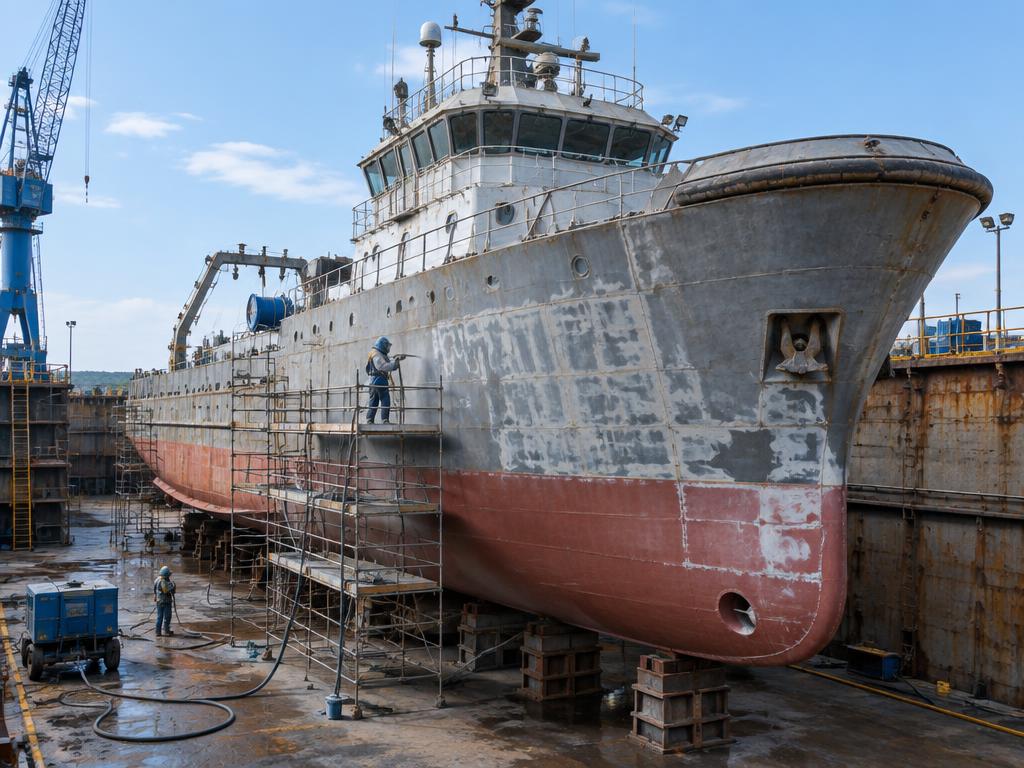 Commercial steel workboat undergoing surface preparation in dry dock