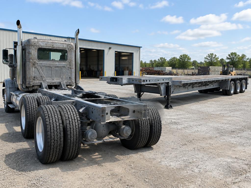 Semi truck frame and flatbed trailer prepared for coating